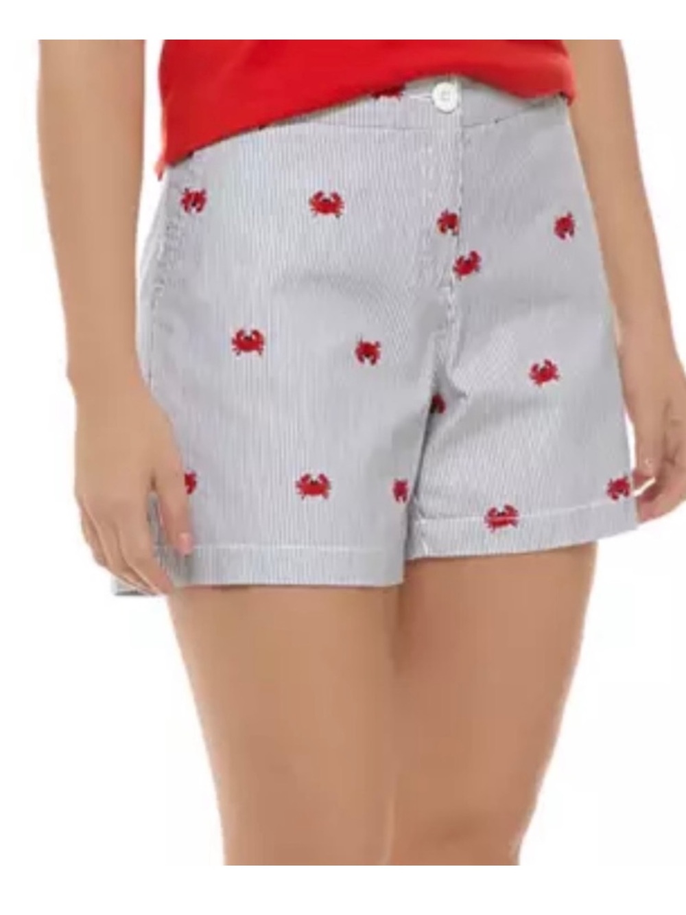 crown & ivy Blue Seersucker Shorts with Red Crab Embroidery